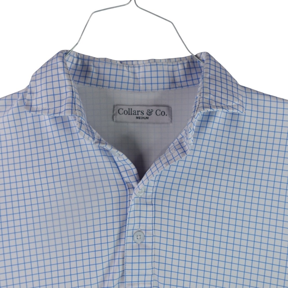 Collars & Co. Polo Shirt Mens Medium White‎ Blue Windowpane Check Short Sleeve